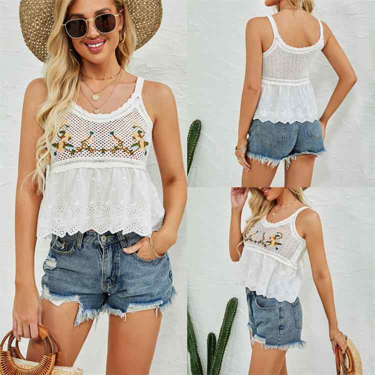 トップス レディース ニット キャミソール ノースリーブ ショート丈 刺繡 透かし編み レース 花柄 ボヘ..