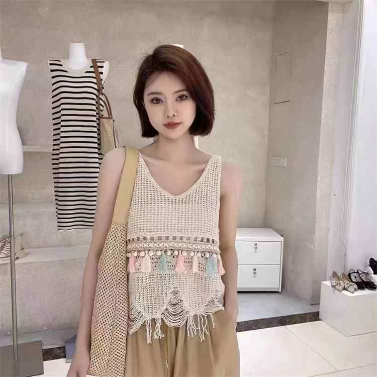 タンクトップ レディース コットン 綿 刺しゅう かぎ針編み ノースリーブ ビーズ付き ニット 透かし編..