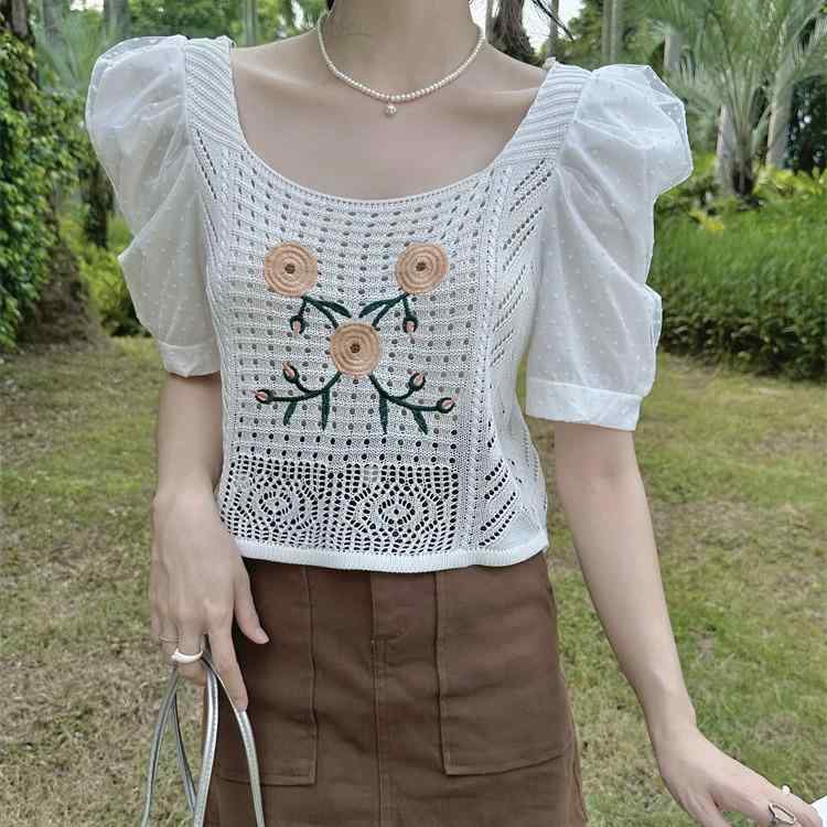 トップス レディース ニット プルオーバー 半袖 クロシェ編み 透かし編み 刺繍 羽織り 日焼け対策 ショート丈 クルーネック アクリル ボヘミアン エスニック 春夏 カジュアル ゆったり