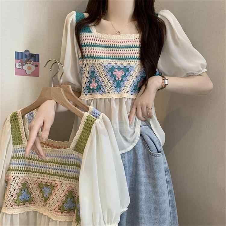 トップス レディース アクリル ポリエステル シフォン レース ニット プルオーバー 半袖 刺繍 透かし編み 薄手 クロップド丈 スクエアネック パフスリーブ ゆったり ボヘミアン エスニック 幾何学模様 春夏 フェミニン かわいい