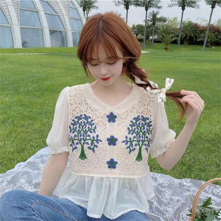 トップス レディース ニット シフォン レース 刺しゅう 花柄 かぎ編み 5分袖 フレアスリーブ クルーネ..