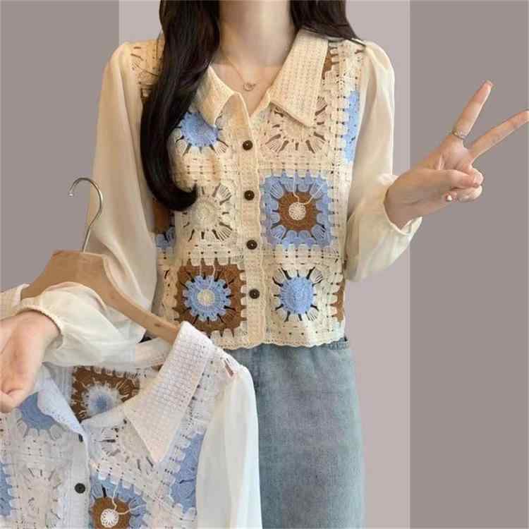 カーディガン レディース ニット シフォン レース 刺繍 長袖 Vネック ランタンスリーブ ショート丈 花..