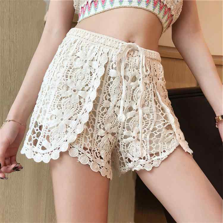 ショートパンツ レディース 夏物 透かし編み レース 刺繍 ニット ゆったり コットン ローライズ ミニ丈..