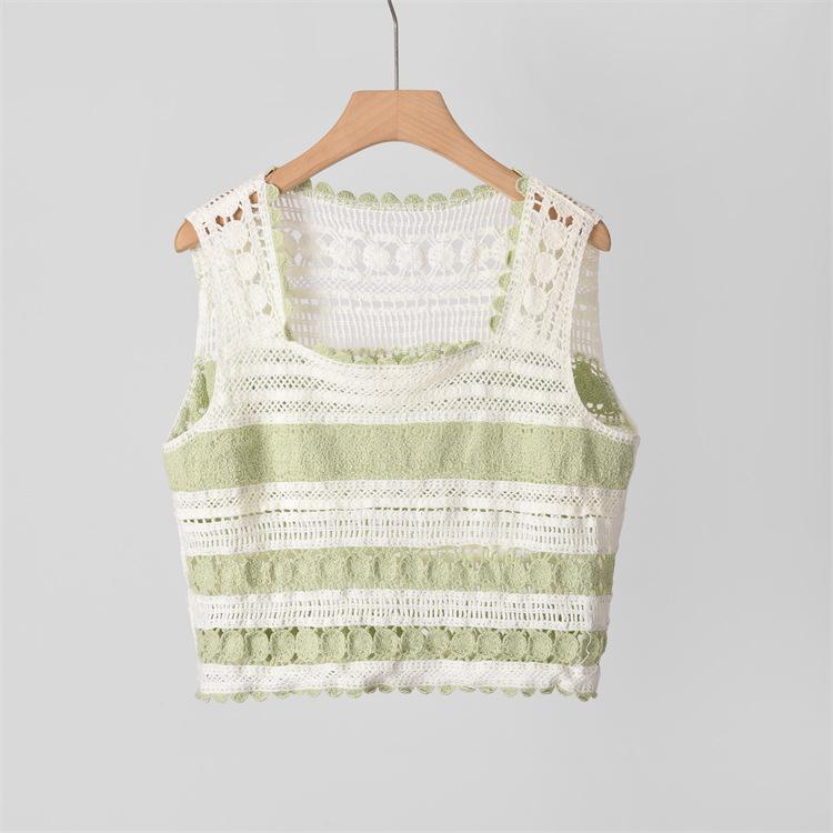 ニットベスト レディース 刺繡 透かし編み クロシェ編み ノースリーブ ショート丈 トップス ゆったり ..