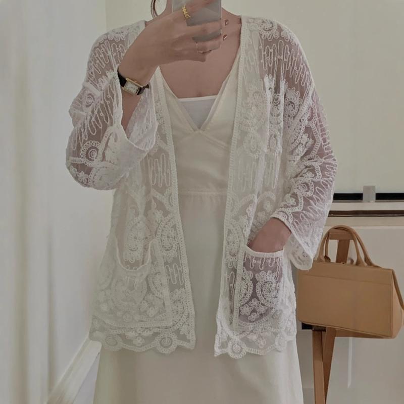 カーディガン レディース レトロ クラシック デザイン ニット かぎ編み 刺繡 日焼け対策 羽織り アウタ..