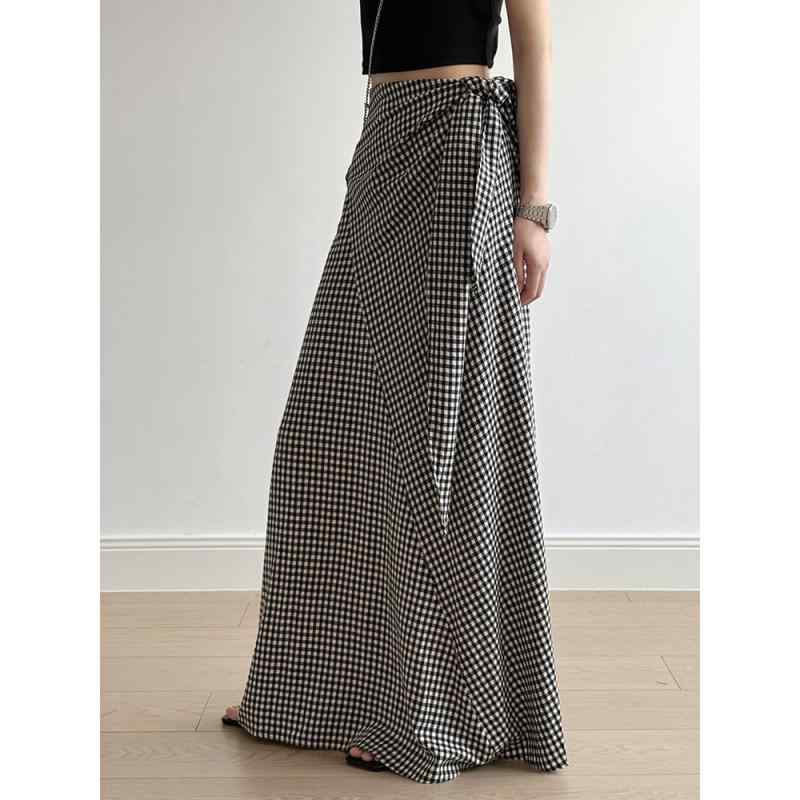 スカート レディース デザイン リボン 切り替え チェック柄 タイト マキシ丈 レーヨン ブラック きれいめ 大人 カジュアル 韓国ファッション デイリーユース 夏