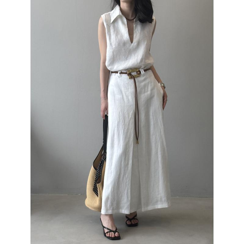セットアップ レディース 麻 リネン 高級感 ノースリーブ Vネック シャツ トップス ロング丈 マキシ丈 Aラインスカート 韓国 春夏 カジュアル