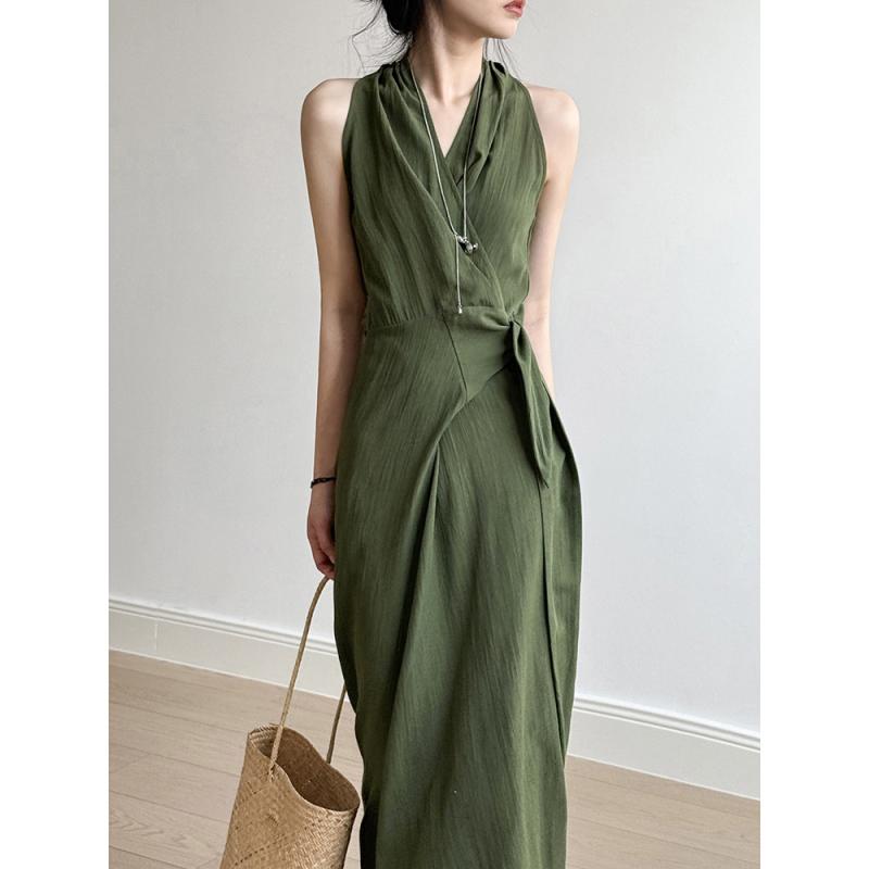 ワンピース レディース フレンチレトロ Vネック ノースリーブ ホルターネック Aライン ハイウエスト ウエストリボン 着痩せ ロング丈 切り替え エレガント 上品 麻調素材 ポリエステル レーヨン 春夏 無地 ダークグリーン パープル 大人カジュアル
