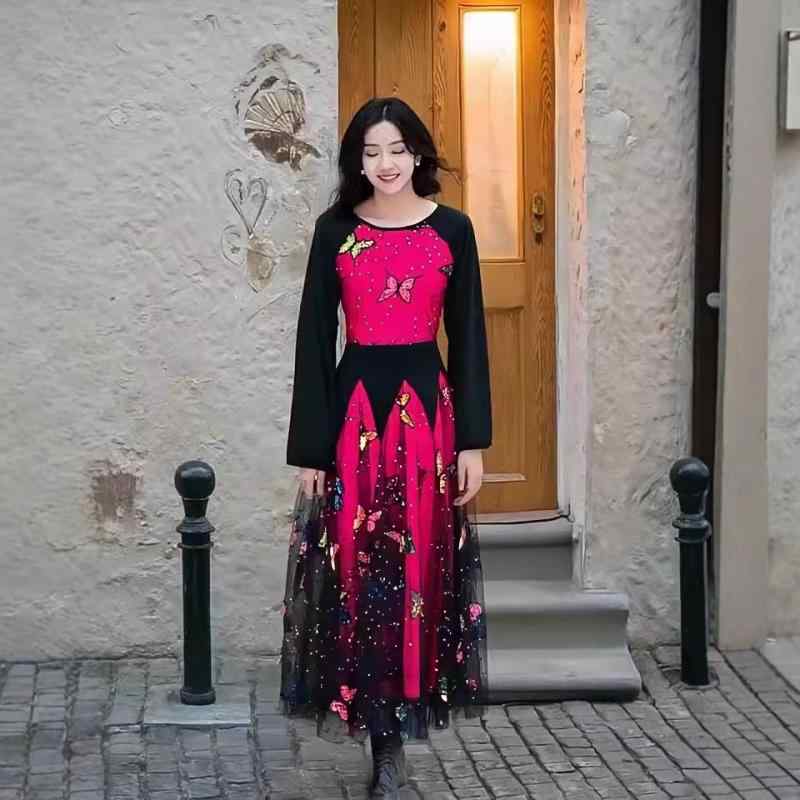 社交ダンス レディース モダンドレス 長袖 ワンピース フレアスカート ロング丈 Aライン 競技用 発表会..