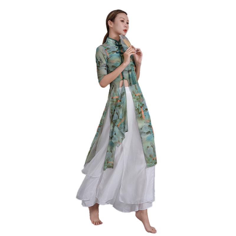 ダンス衣装 レディース 秋冬 五分袖 改良チャイナドレス風 水墨画風 民族ダンス 古典舞踊 大きいサイズ..
