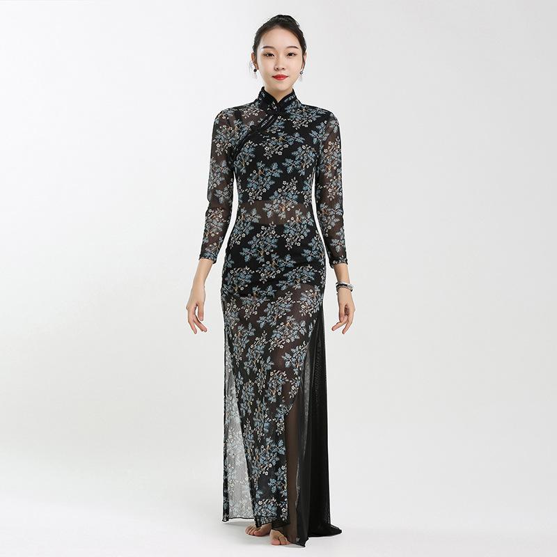 ダンス衣装 女性用 クラシック 舞踊服 練習着 発表会 舞台衣装 中国風 民族衣装 チャイナドレス 優雅 軽やか ロング丈 シアー プリント柄 メッシュ素材 ストレッチ