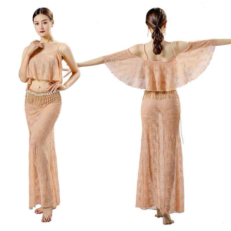 ベリーダンス レディース 女性用 ダンスウェア 衣装 練習着 レッスン着 発表会 大人用 セットアップ ロングスカート レース ポリエステ..