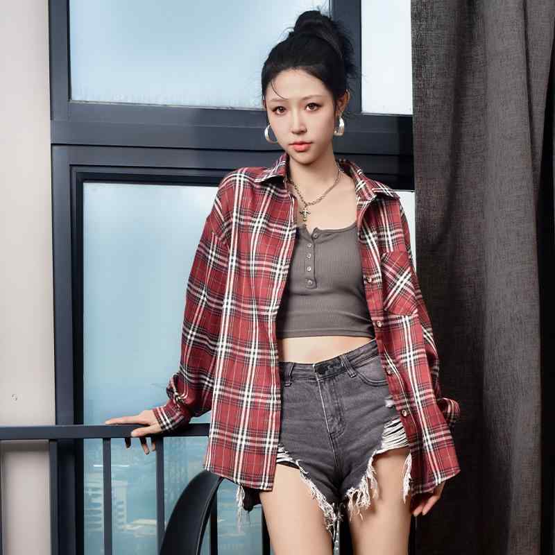 シャツ レディース 春秋 長袖 チェック柄 切り替え 襟付き ゆったり オーバーサイズ 前開き ポリエステル ブラウス カーディガン アウター レトロ カジュアル ポケット付き