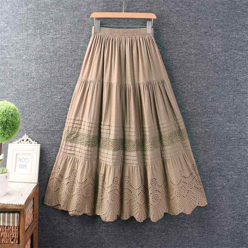 スカート レディース 春夏 かわいい フェミニン ウエストゴム レース 刺繍 綿麻 コットンリネン ゆったり リラックスフィット 無地 Aライン ロング丈 マキシ丈 文芸風
