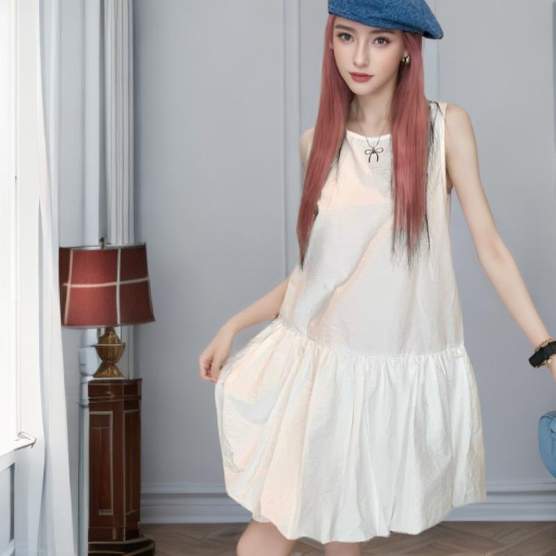 ワンピース レディース リゾートスタイル ノースリーブ ゆったり クルーネック オフショルダー 切り替え バルーンスカート ミニ丈 ウエストゴム 春 無地 ポリエステル エレガント フェミニン