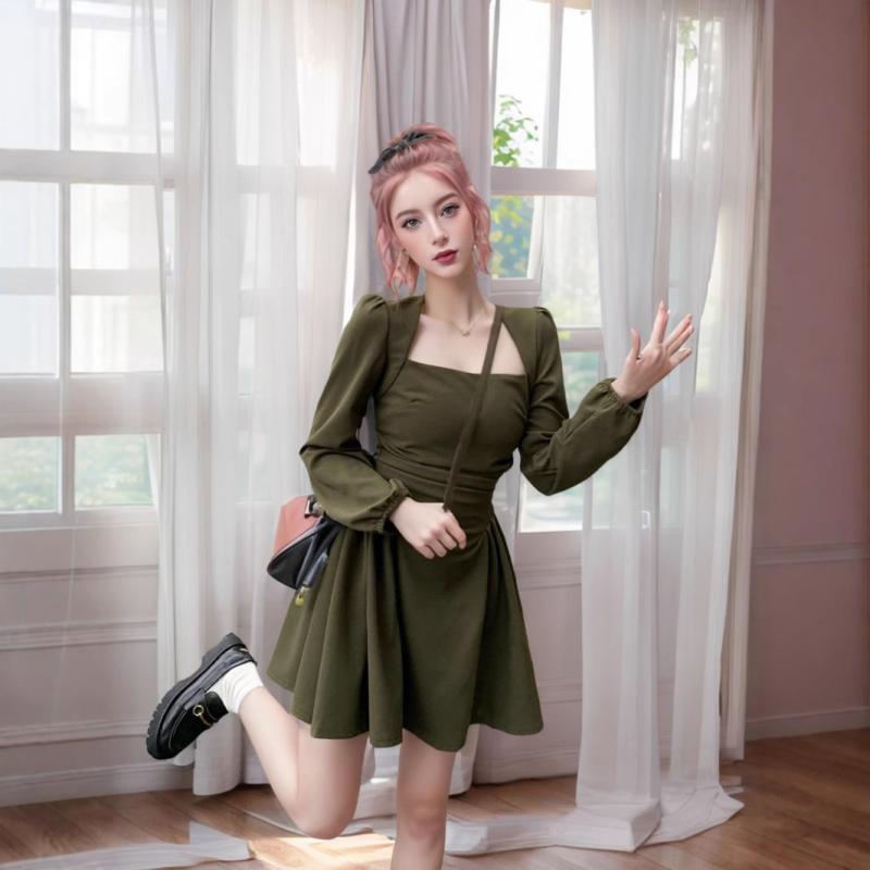 ワンピース レディース スクエアネック プリーツ ギャザー ウエストマーク 細見え 着痩せ 小柄 低身長 ショート丈 ミニ丈 Aライン ポリエステル グリーン ブラック 春夏