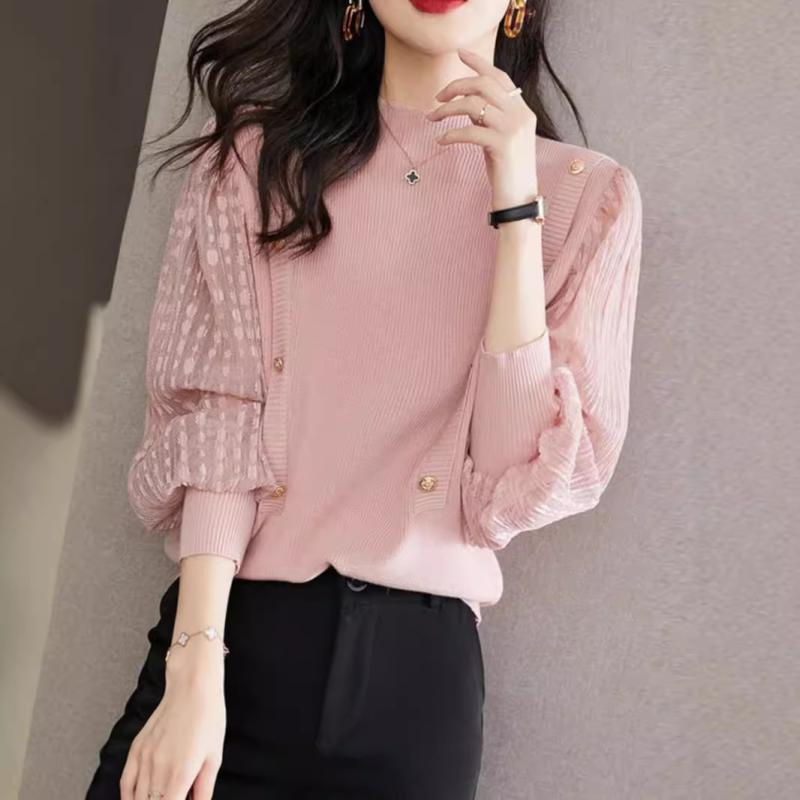 カットソー レディース 秋冬 長袖 レース 切り替え ハイネック ランタンスリーブ 上品 きれいめ ポリエ..