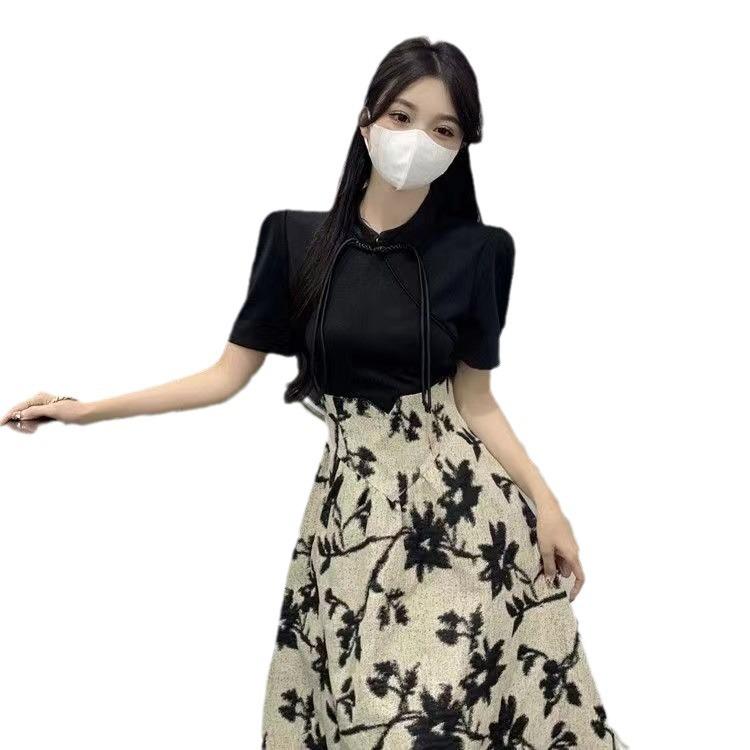 ワンピース レディース 新チャイナ風 ハイネック 半袖 ロング丈 ハイウエスト 花柄 盤扣 Aライン フェ..