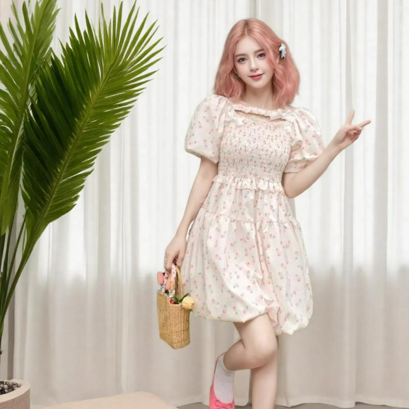 ワンピース レディース フェミニン スイート プリーツ パフスリーブ 半袖 小花柄 ウエストマーク ウエ..