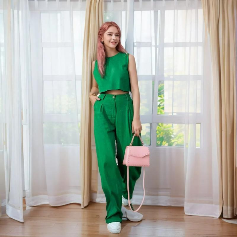 セットアップ レディース ノースリーブ トップス 無地 ワイドパンツ ロングパンツ カジュアル リラックス 欧米スタイル ファッション おしゃれ ポリエステル 秋