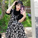 ワンピース レディース 大きいサイズ プラスサイズ フェイクレイヤード ジャンパースカート 小花柄 ロング丈 Aライン 五分袖 ゆったり 体型カバー ハイウエスト きれいめ フェミニン 春夏 ポリエステル 黒 白