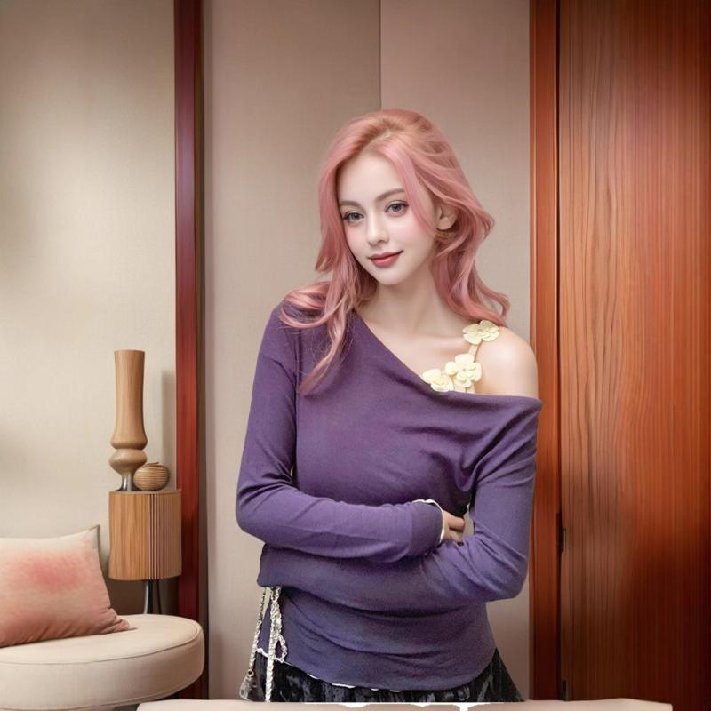 Tシャツ レディース ピュアセクシー オフショルダー ドレープネック 長袖 花柄切り替え 性 スリムフィット 春夏 ポリエステル きれいめ 大人カジュアル ブラウン系 ネイビー