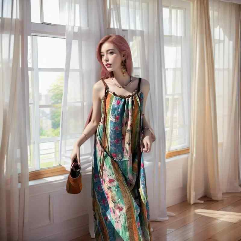 ワンピース レディース 大人可愛い 花柄 キャミソール ロング丈 マキシ丈 ゆったり ウエストゴム Aライン 体型カバー リゾート ビーチ デイリーユース 着回し ポリエステル 春夏(4)