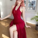 ワンピース レディース ホルターネック Vネック ノースリーブ 立体フラワー スリット ロング丈 タイトシルエット パーティードレス エレガント セクシー 春夏 花柄 ポリエステル ウエストゴム