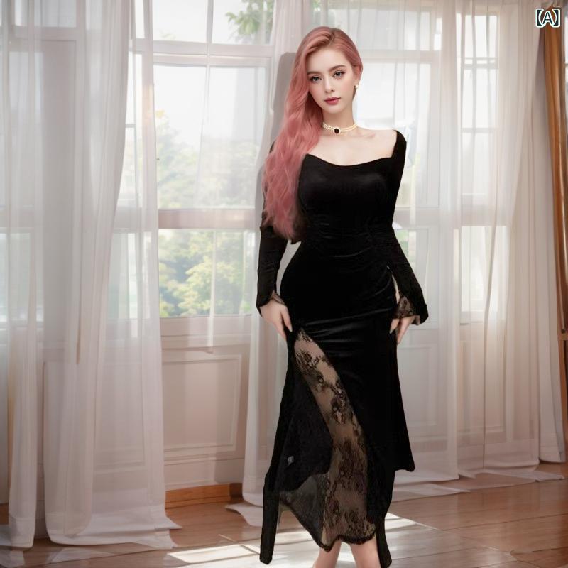 ワンピース レディース セクシー ドレス オフショルダー オフショル ブラック ベロア ベルベット レース スリット タイト ボディコン ロング丈 マキシ丈 秋冬