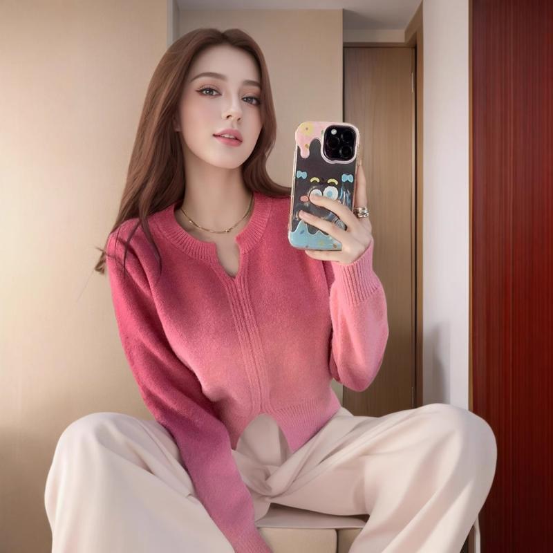 ニット Vネック スリット グラデーションカラー ショート丈 スリムフィット プルオーバー 長袖 秋冬 ポリエステル スウィートカジュアル 切り替え ピンク ブラウン