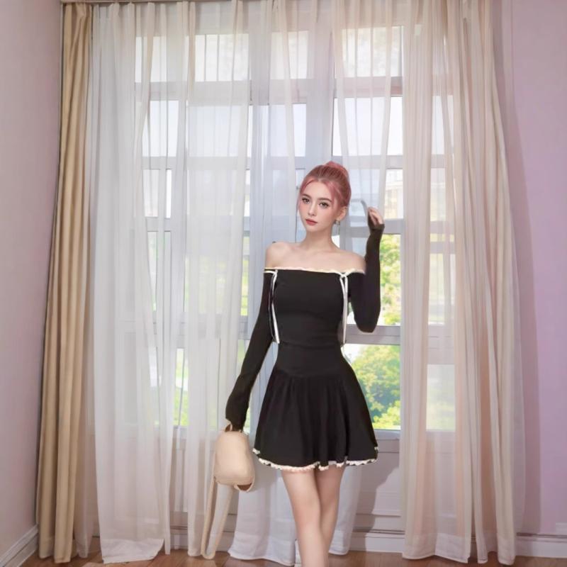 ワンピース オフショルダー レース 甘辛ミックス 個性派 ウエストマーク ミニ丈 Aライン 長袖 ポリエステル 切り替え 秋冬 ダークグレー きれいめ フェミニン