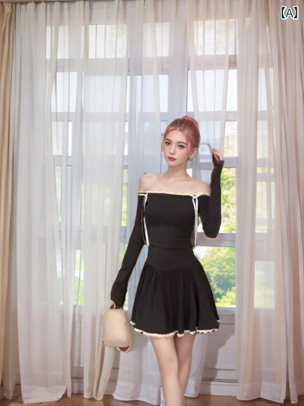 ワンピース オフショルダー レース 甘辛ミックス 個性派 ウエストマーク ミニ丈 Aライン 長袖 ポリエステル 切り替え 秋冬 ダークグレー きれいめ フェミニン