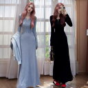 ワンピース レディース 長袖 ロング丈 タイト スリムフィット エレガント きれいめ 上品 着回し Uネック 切り替え ポリエステル 通勤 オフィス 秋冬 グレー ブラック イエロー
