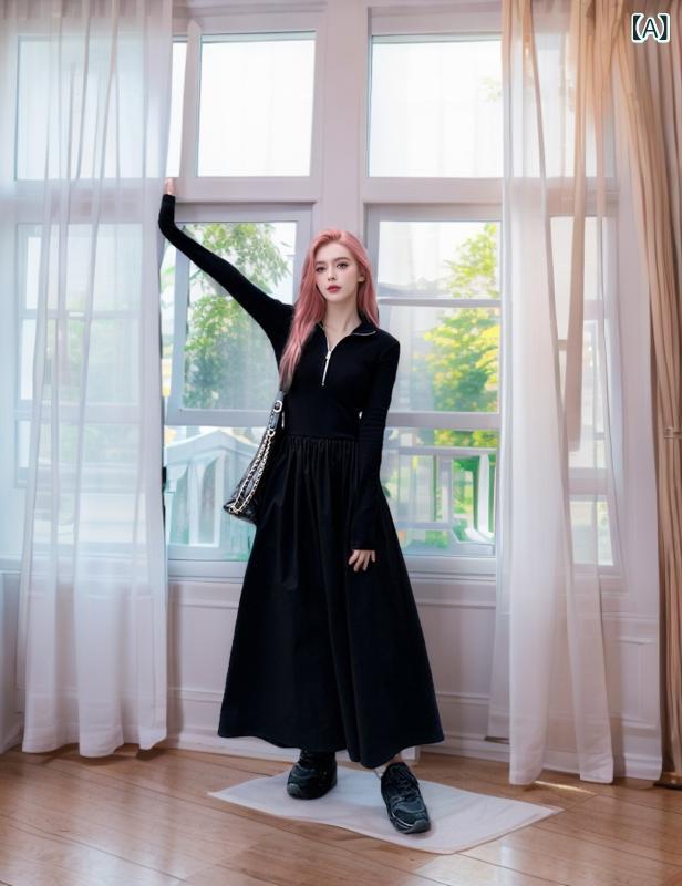 ワンピース レディース ハーフジップ 長袖 ブラック ウエストマーク 細見え ミモレ丈 性 ポリエステル Aライン 襟付き 切り替え 秋冬