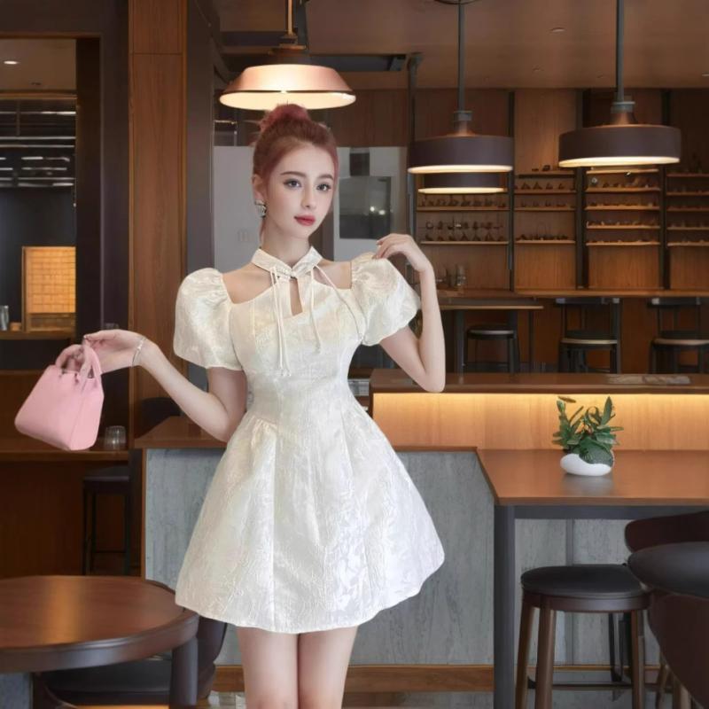 ワンピース レディース 春夏 ホルターネック オフショルダー ウエストマーク ミニ丈 ジャカード織り チ..