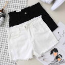 ショートパンツ レディース 春夏 デニム 綿 ハイウエスト Aライン フリンジ 切りっぱなし 細見え ゆったり カジュアル ウォッシュ加工 黒 白