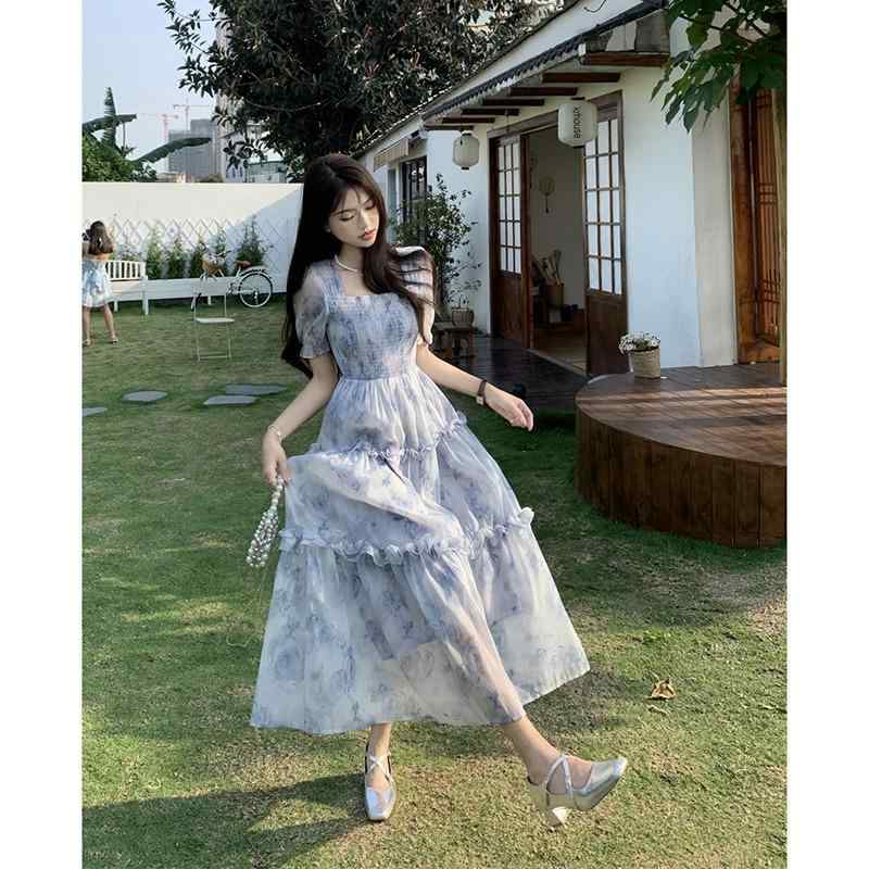 ワンピース スクエアネック 花柄 ロング丈 フリル パフスリーブ 半袖 ハイウエスト ウエストマーク 切り替え 森ガール風 ナチュラル Aラインシルエット 着痩せ効果 ポリエステル 春夏 デート お出かけ