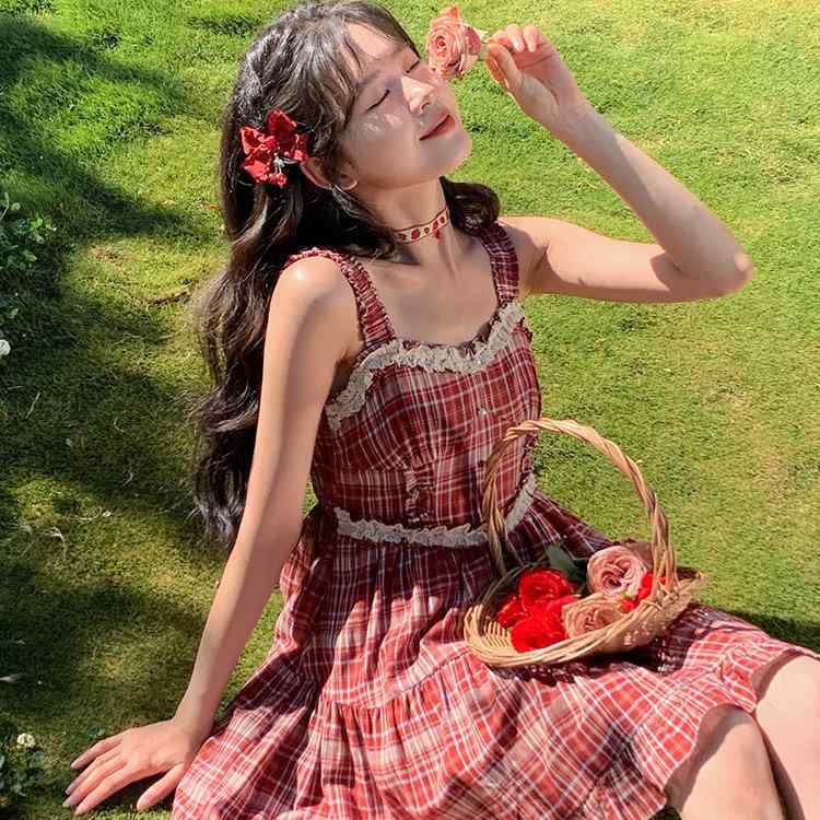 ワンピース レディース レッド 赤 チェック柄 格子柄 ノースリーブ キャミソール ミニ丈 ウエストマーク 小柄 低身長 リゾート ビーチ 海辺 春夏