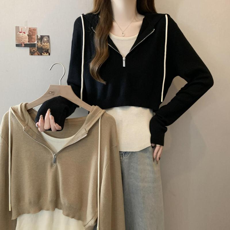 パーカー レディース フェイクレイヤード 長袖 ハーフジップ フード付き ビスチェ風 切り替え ポリエス..