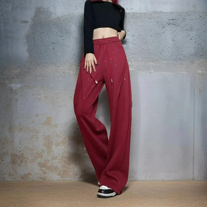 レディース パンツ ワイドストレート ドローストリング ラメ 落ち感 ハイウエスト ストレッチ ポリエス..