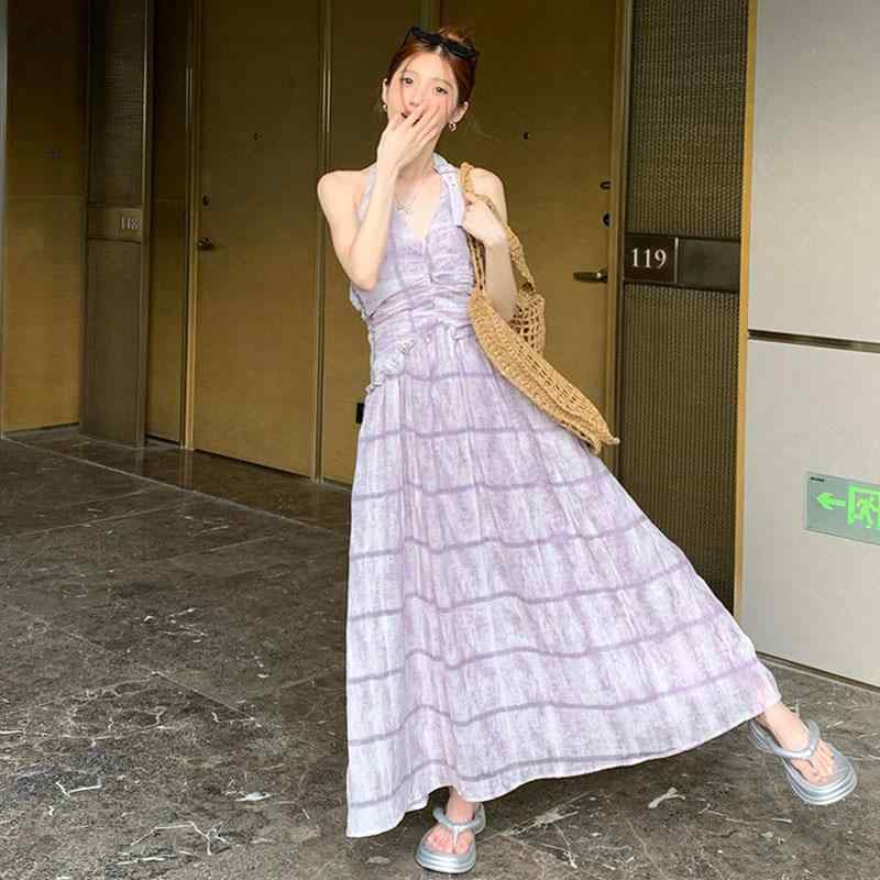 ワンピース ドレス レディース ホルターネック キャミソール パープル ロング丈 春夏 リゾート 海辺 バカンス Aライン ハイウエスト バックオープン レトロ ポリエステル 切り替え ストライプ柄