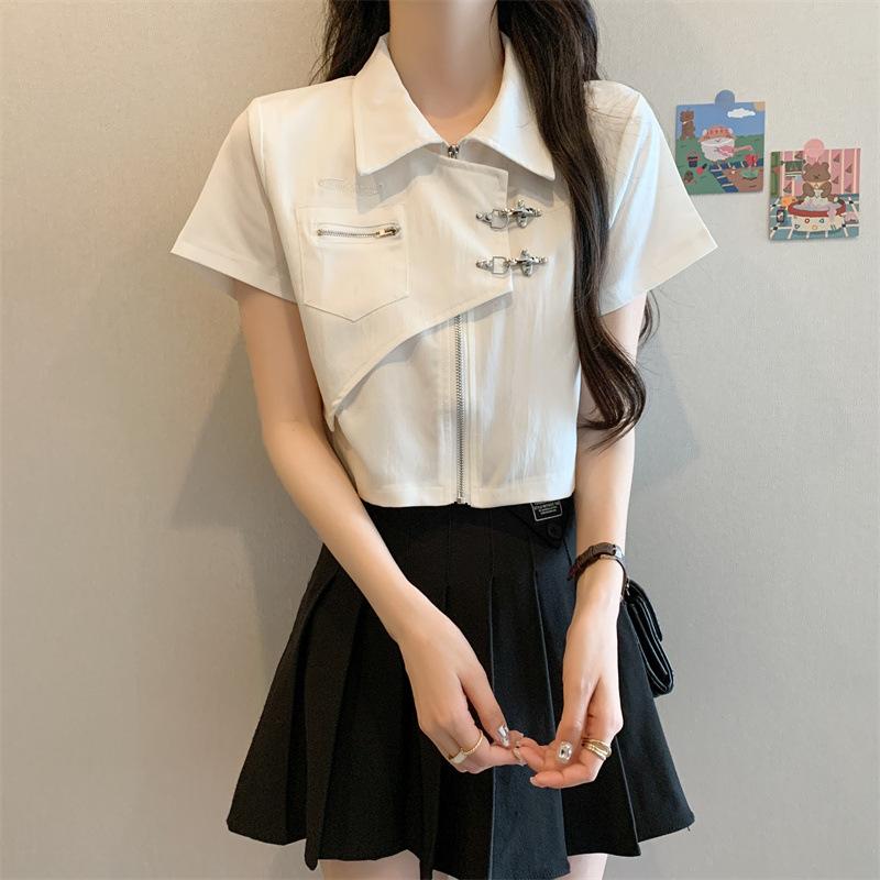 ブラウス レディース 半袖 ショート丈 スリムフィット 切り替え 襟付き ジップアップ 小柄向け 学院風 甘めクールスタイル 個性的 ポリエステル 春夏 ホワイト