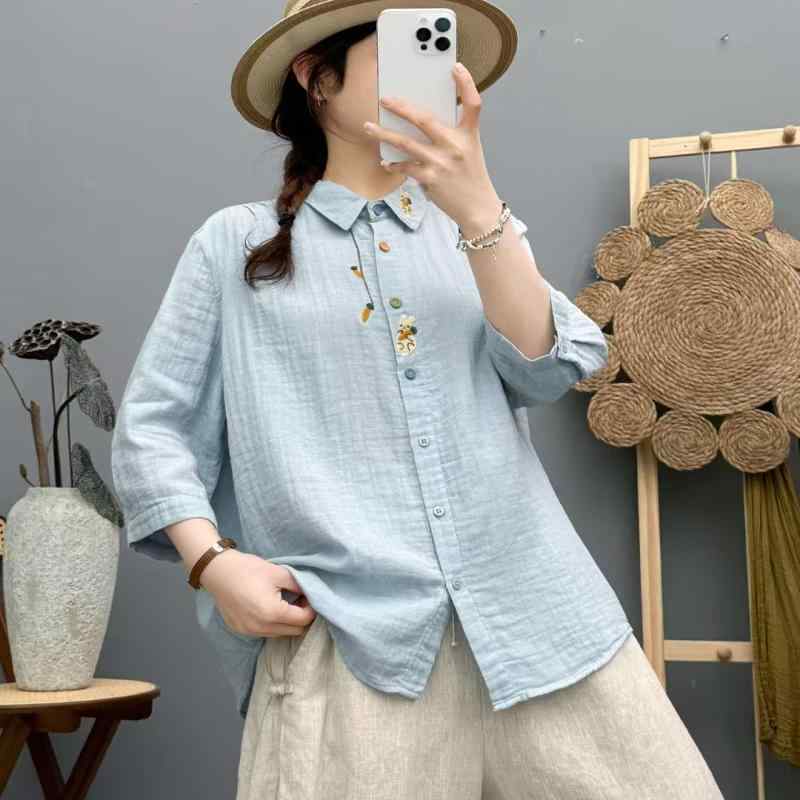 シャツ レディース ニンジン うさぎ プリント 刺繡 森ガール風 レトロ 綿 コットン ゆったり ポロ襟 七..