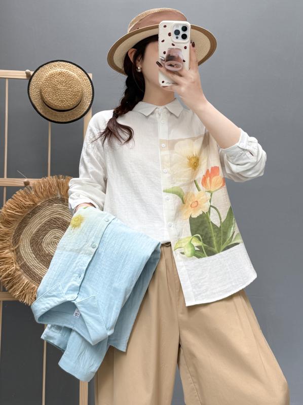 ブラウス レディース 春夏 長袖 綿 ダブルガーゼ 水墨画柄 チャイナ風 レトロ アンティーク調 ゆったり ミドル丈 襟付き 柔らか 肌触り良い