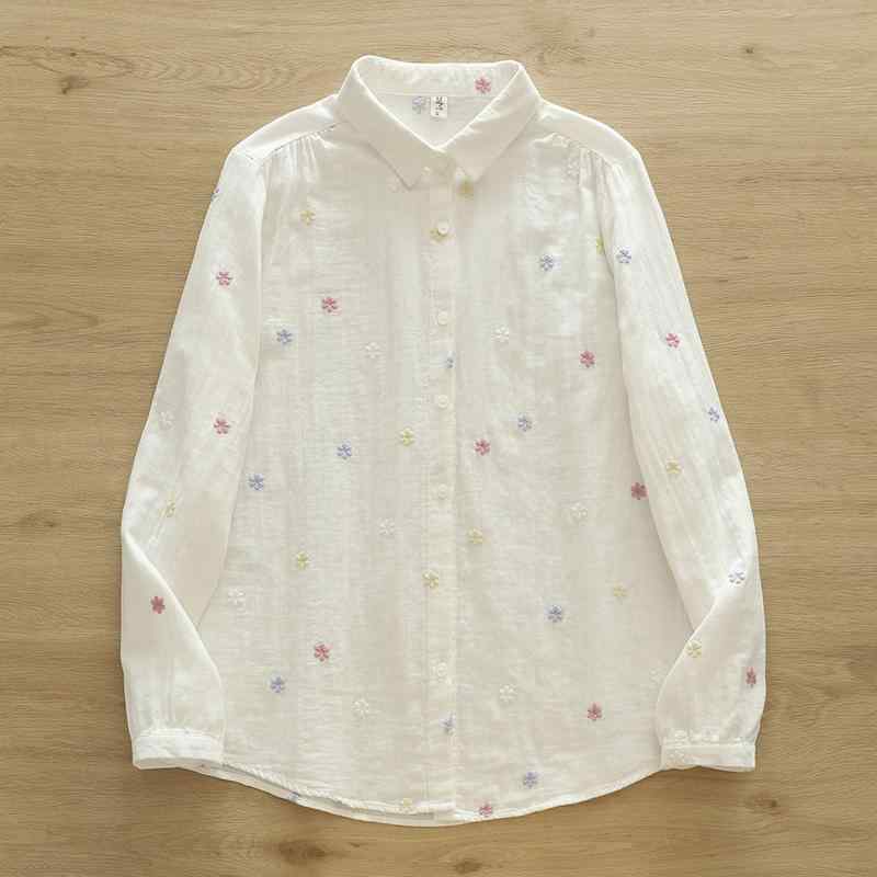 シャツ レディース 長袖 秋冬 ダブルガーゼ コットン ゆったり オーバーサイズ ポロ襟 花柄刺繍 レトロ アンティーク調 ナチュラル ホワイト 普段使い 柔らかな肌触り ブラウス