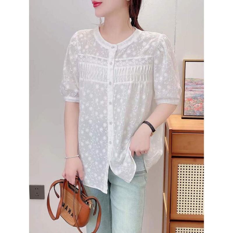 シャツ ブラウス 刺しゅう プリーツ スタンドカラー 半袖 ゆったり オーバーサイズ リラックスフィット 前開き 綿 コットン レトロ ヴィンテージ風 カジュアル 普段使い 春夏 ホワイト アイボリー ミドル丈
