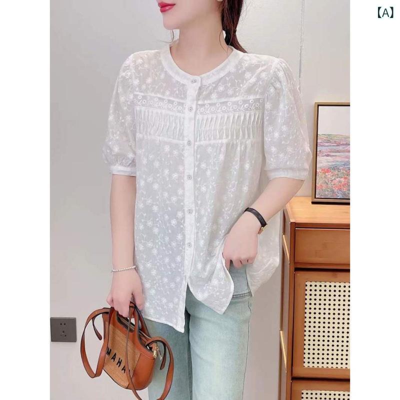 シャツ ブラウス 刺しゅう プリーツ スタンドカラー 半袖 ゆったり オーバーサイズ リラックスフィット 前開き 綿 コットン レトロ ヴィンテージ風 カジュアル 普段使い 春夏 ホワイト アイボリー ミドル丈