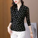 トップス レディース 長袖 レース シフォンブラウス ドット柄 水玉模様 プリント メッシュ Vネック ゆったり 大きいサイズ きれいめ 上品 通勤 オフィスカジュアル 春秋