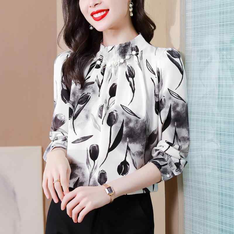 シャツ レディース シフォン プリント 長袖 大きいサイズ ゆったり 体型カバー きれいめ 上品 通勤 ハイネック パフスリーブ プルオーバー ブラウス トップス 春物