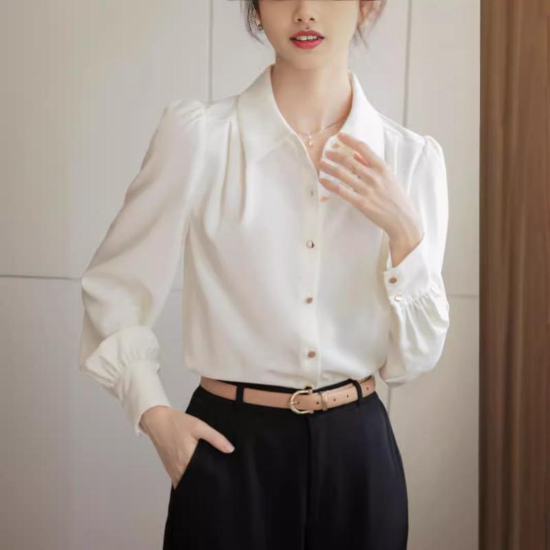 シャツ レディース 長袖 ブラウス ホワイト 白 ビジネス フォーマル オフィス 通勤 面接 フレンチスタイル きれいめ 上品 ゆったり ポリエステル 無地 オールシーズン